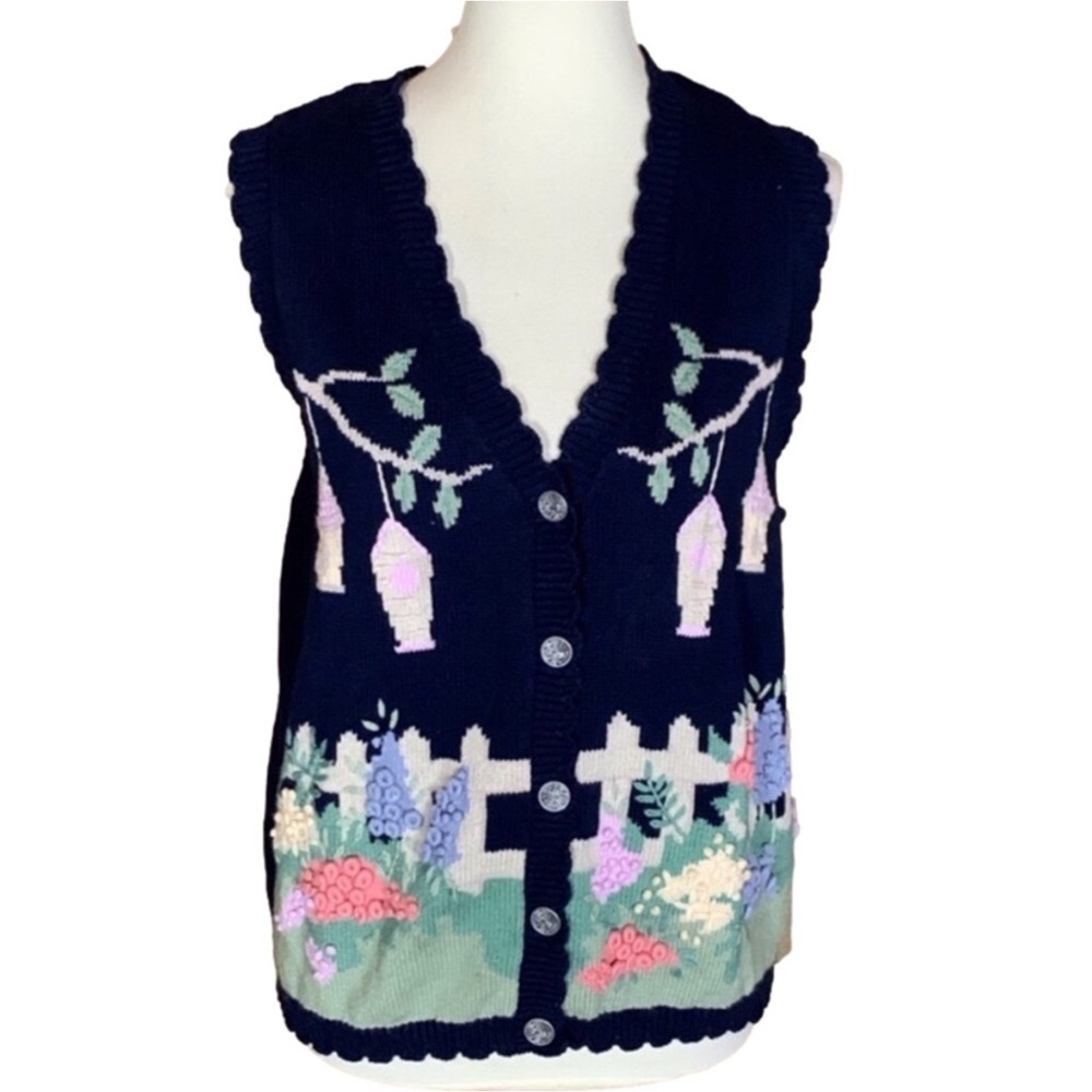 Vintage Northern Reflections sweater vest with flowers and birdhouses Size Large